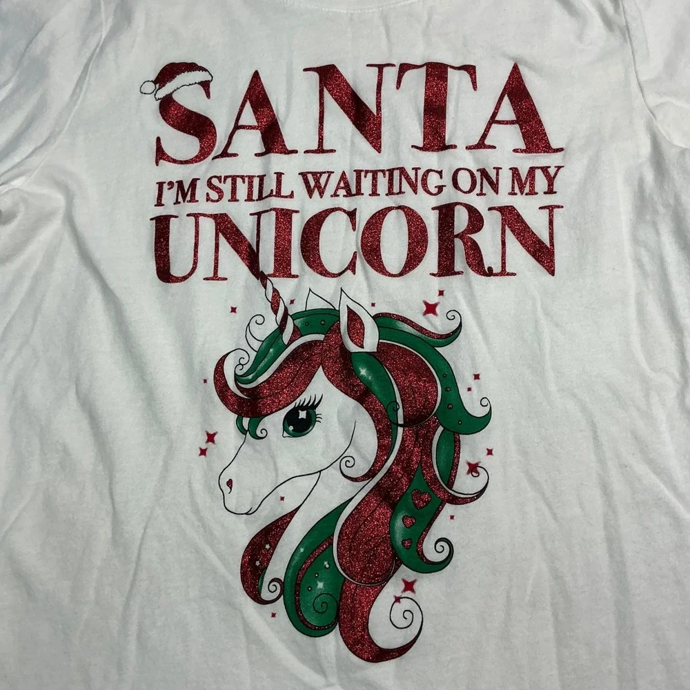 The Children's Place White Graphic Tee Kids Size 10/12 Santa Unicorn Glitter